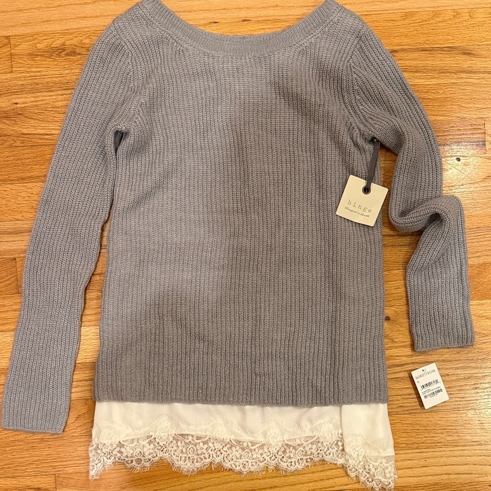 Hinge Light Gray Sweater with Lace Trim